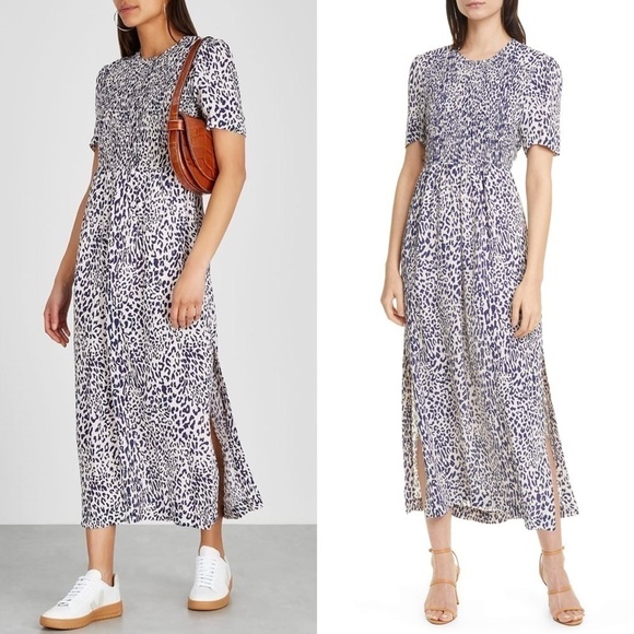 BAUM UND PFERDGARTEN Silk Short Sleeve Leopard Print Smocked Front Midi Dress 14 - Picture 4 of 16